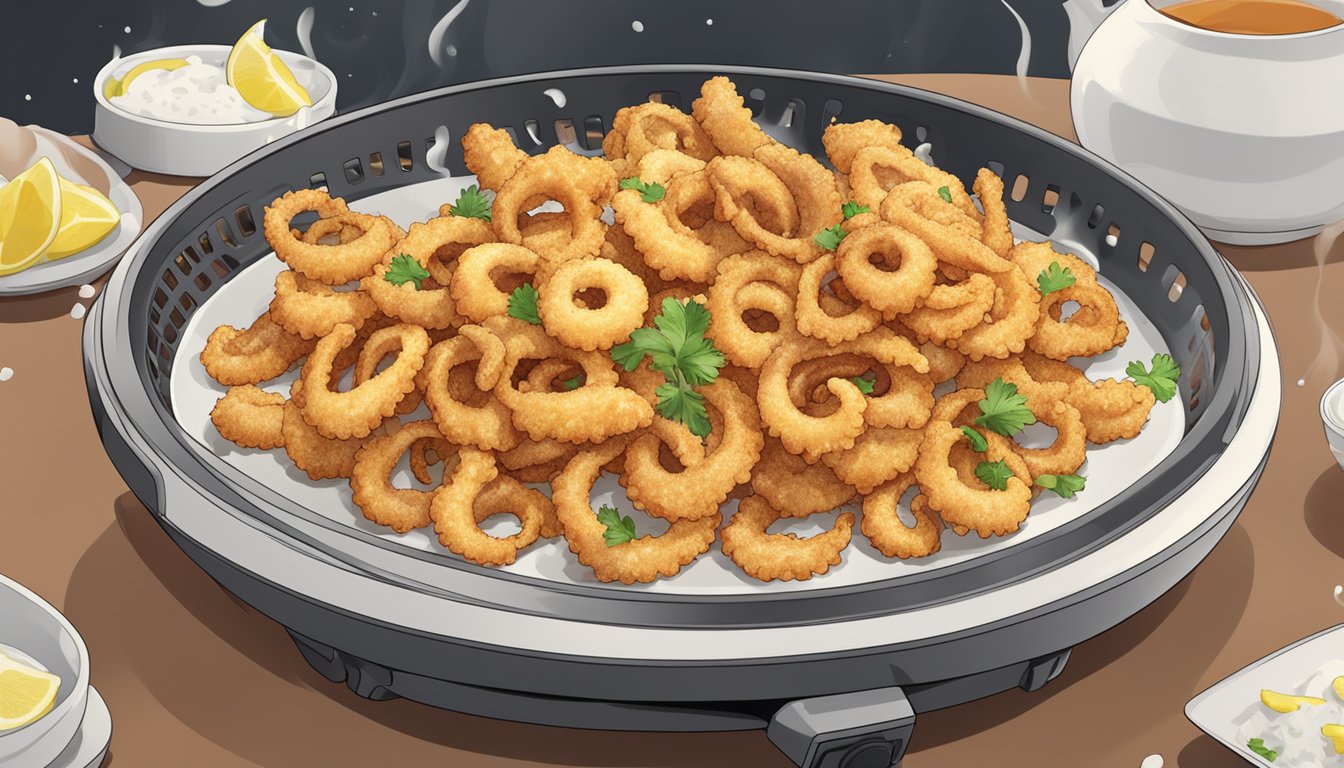 A plate of calamari fritti being reheated in an air fryer, with steam rising from the crispy pieces