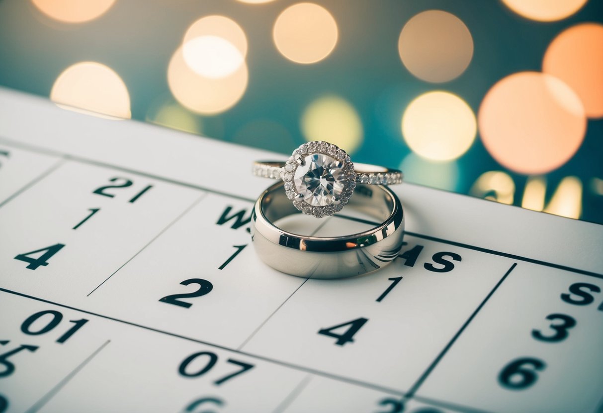 A calendar with a ring on the date one year from a wedding