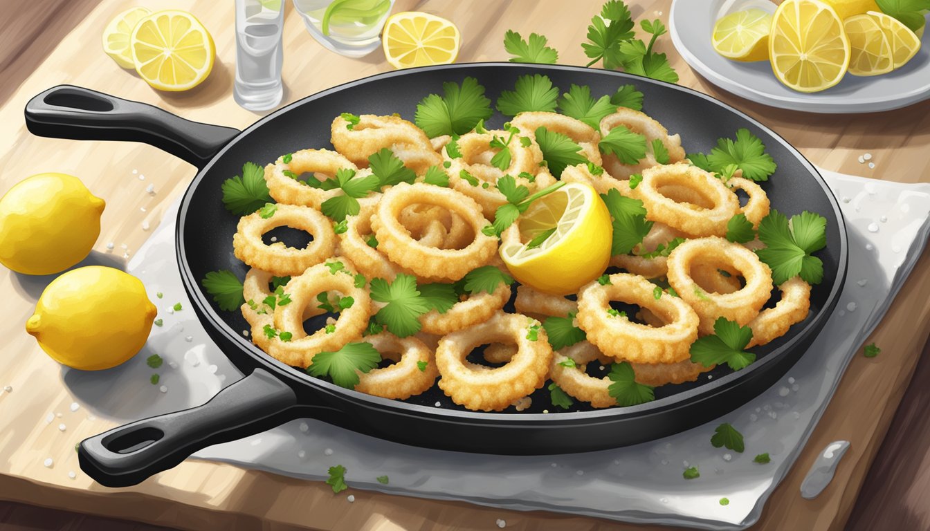 A plate of reheated calamari fritti sizzling on a hot skillet, steam rising, surrounded by fresh lemon wedges and garnished with a sprinkle of chopped parsley