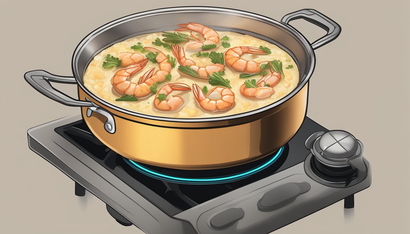 A pot of shrimp and grits simmering on a stovetop, steam rising as they are being reheated