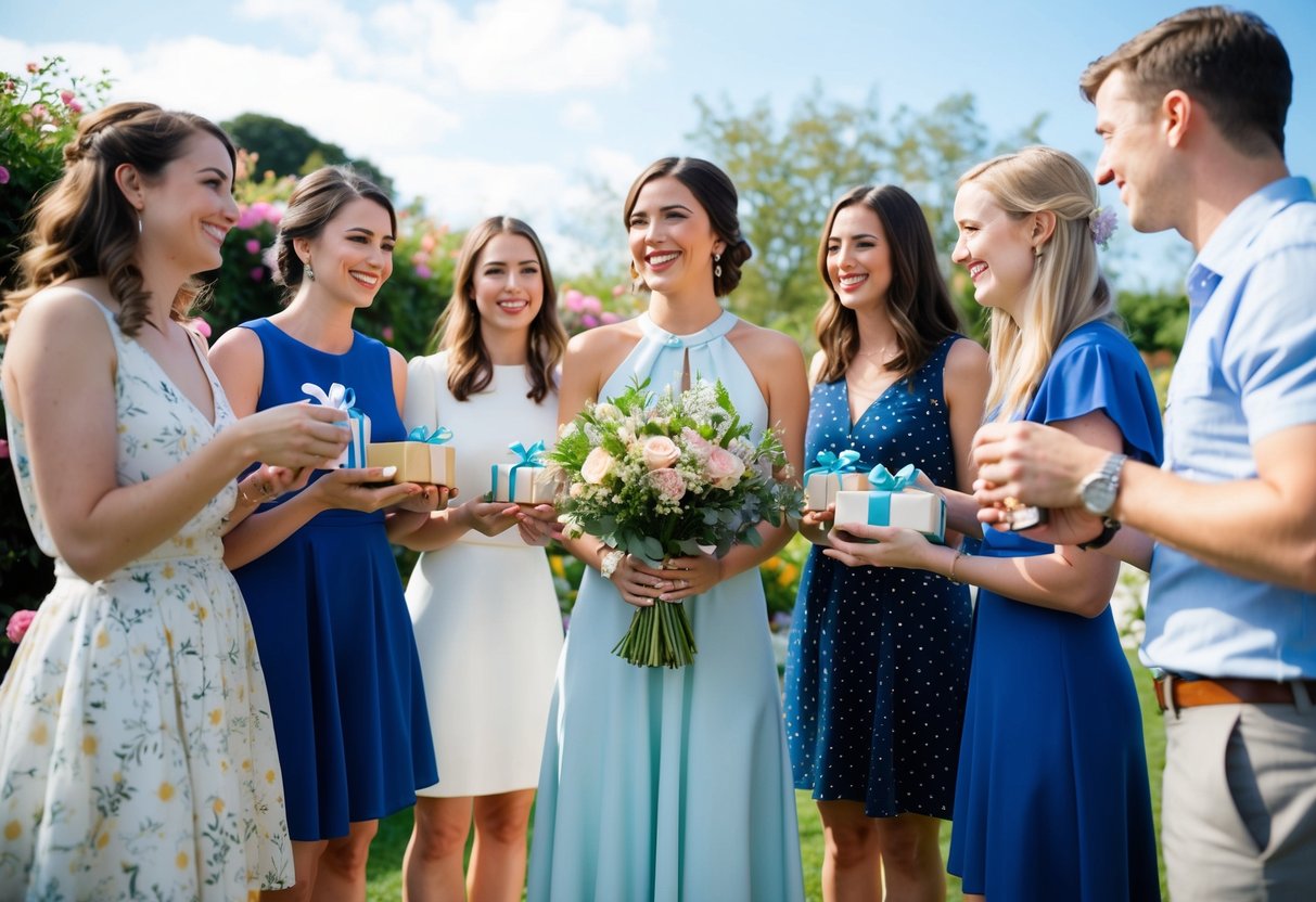 A woman holds a bouquet and smiles at a group of friends gathered around her, each holding a small gift. They are in a beautiful garden setting with blooming flowers and a clear blue sky