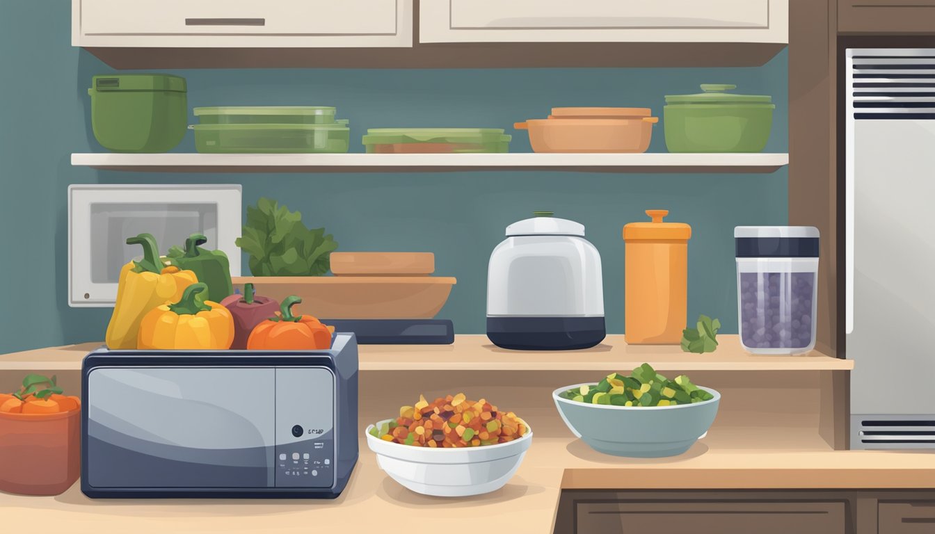 A kitchen counter with a container of caponata next to a microwave and a stack of labeled storage containers