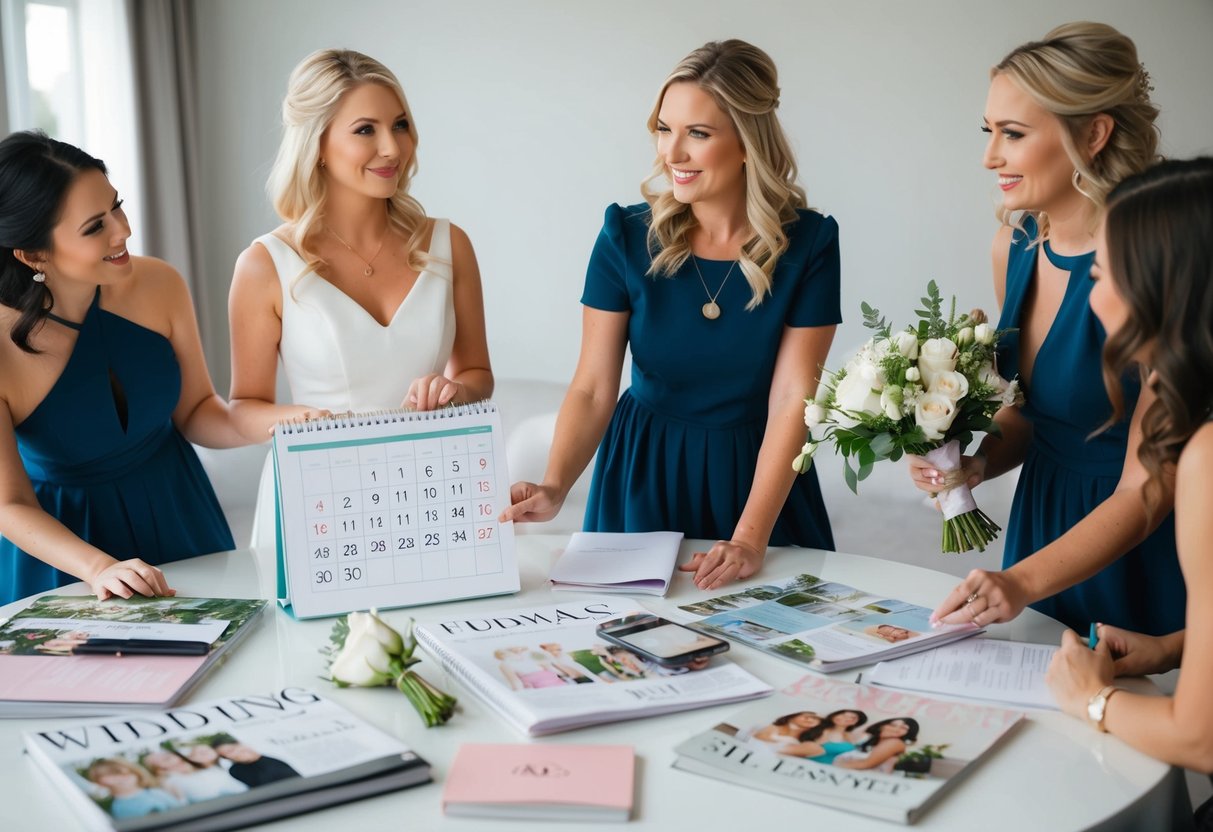 A woman holding a calendar, contemplating when to ask her bridesmaids, surrounded by wedding magazines and planning materials