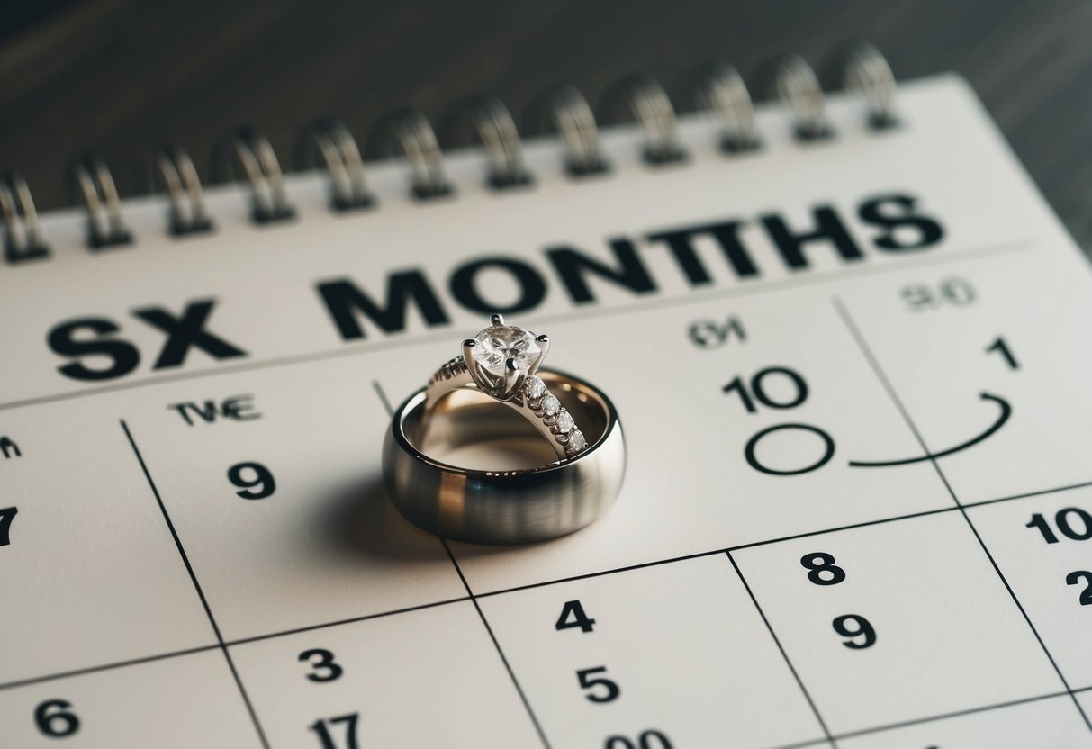 A wedding ring placed on a calendar, with the date six months from now circled