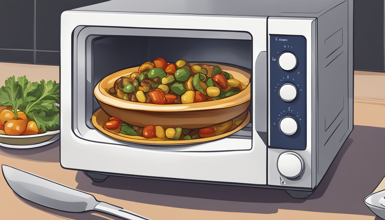 A small dish of caponata being reheated in a microwave