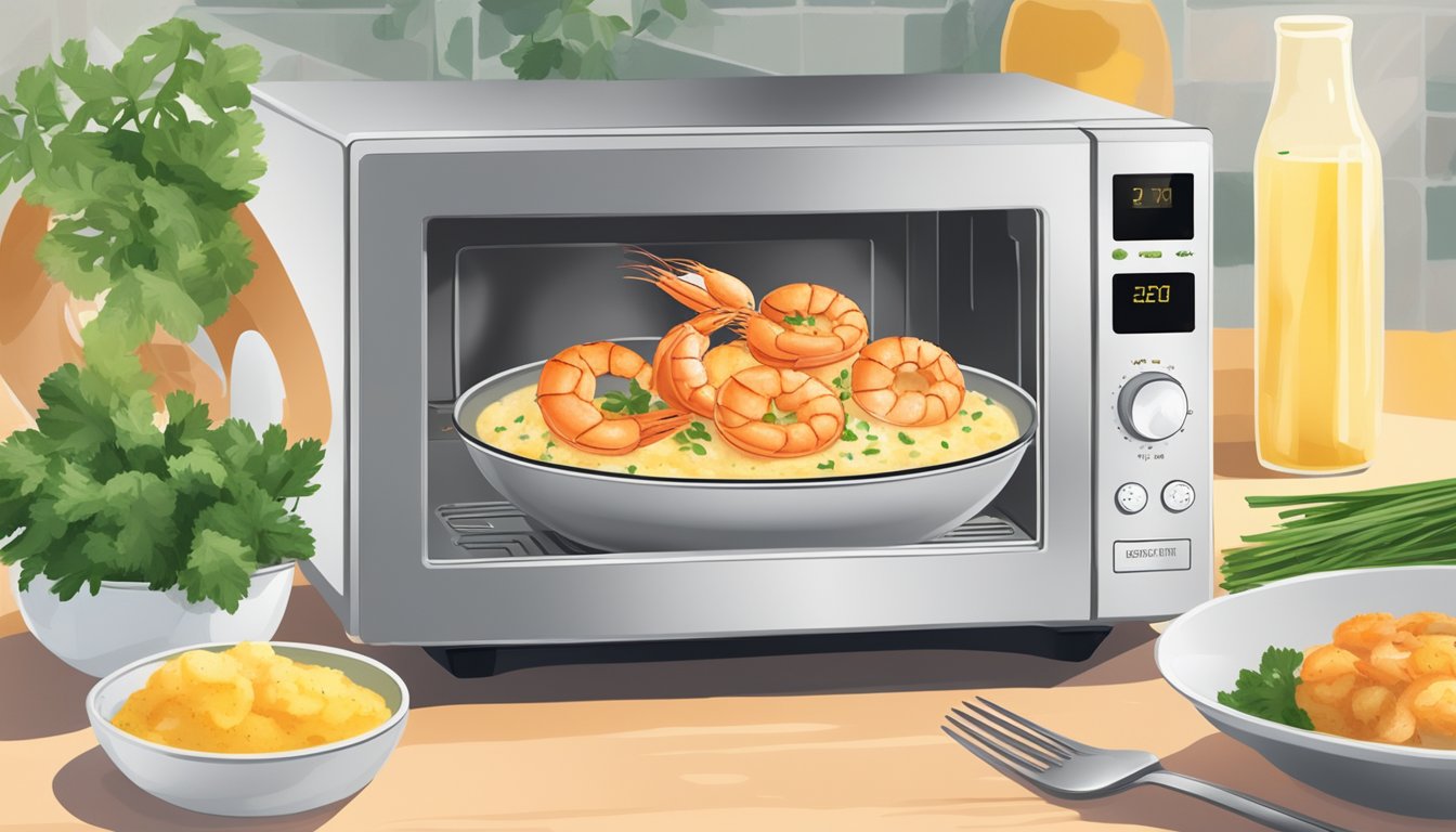 A steaming bowl of cajun shrimp and grits being gently reheated in a microwave. A sprinkle of fresh herbs and a squeeze of lemon complete the dish