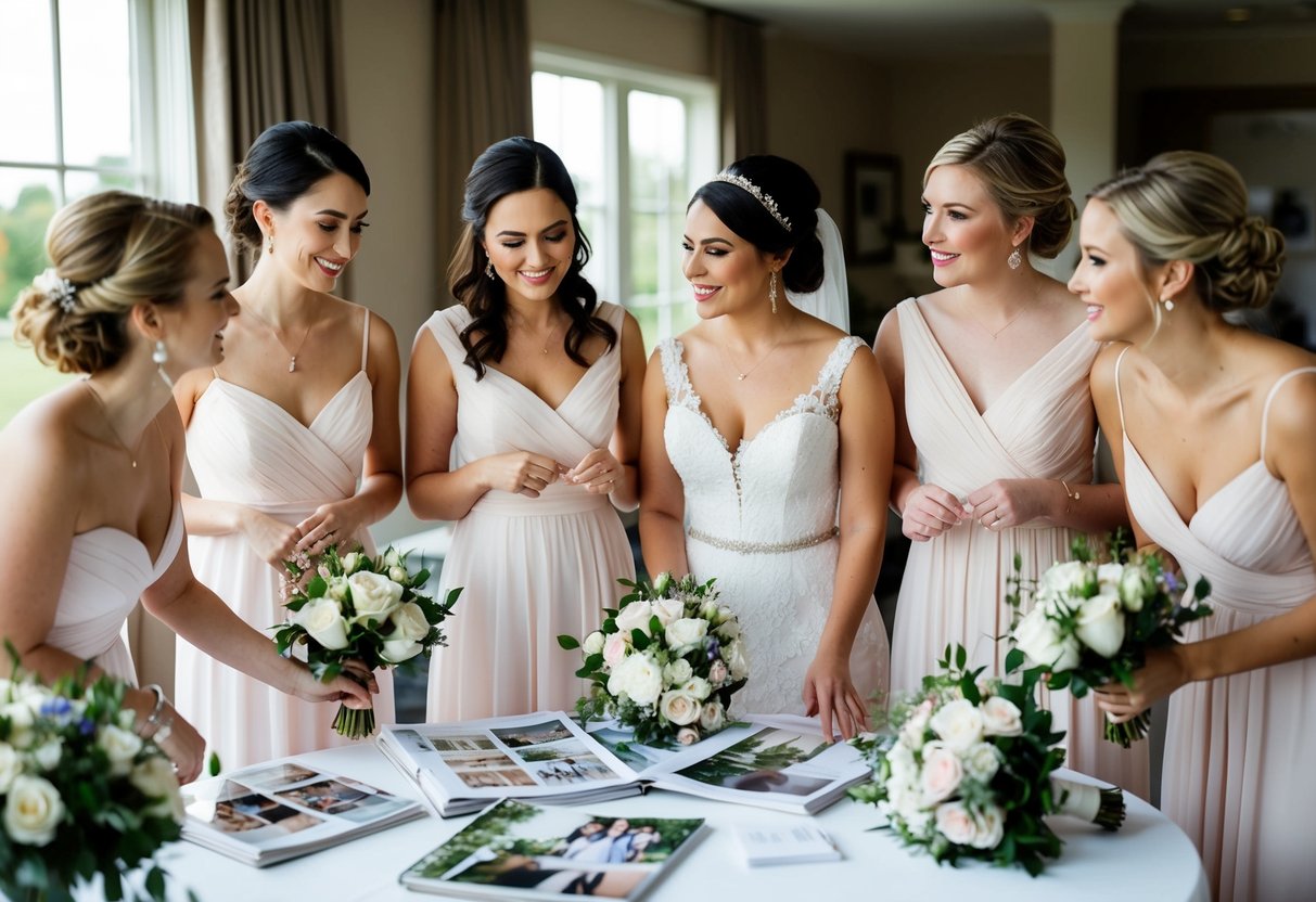 Bridesmaids discussing wedding details and planning, surrounded by bridal magazines, flowers, and dresses