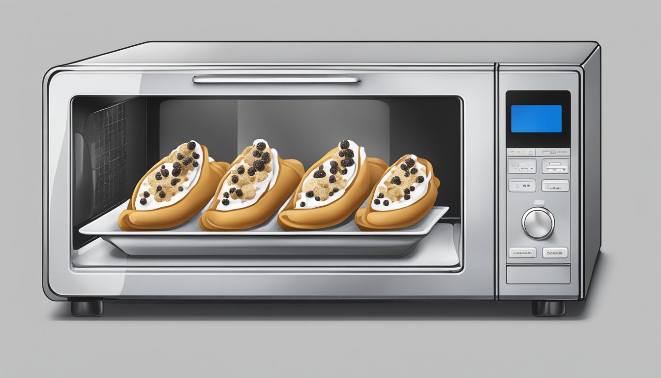 A plate of cannoli arranged neatly in a glass container with a lid. A microwave beside it with the door open