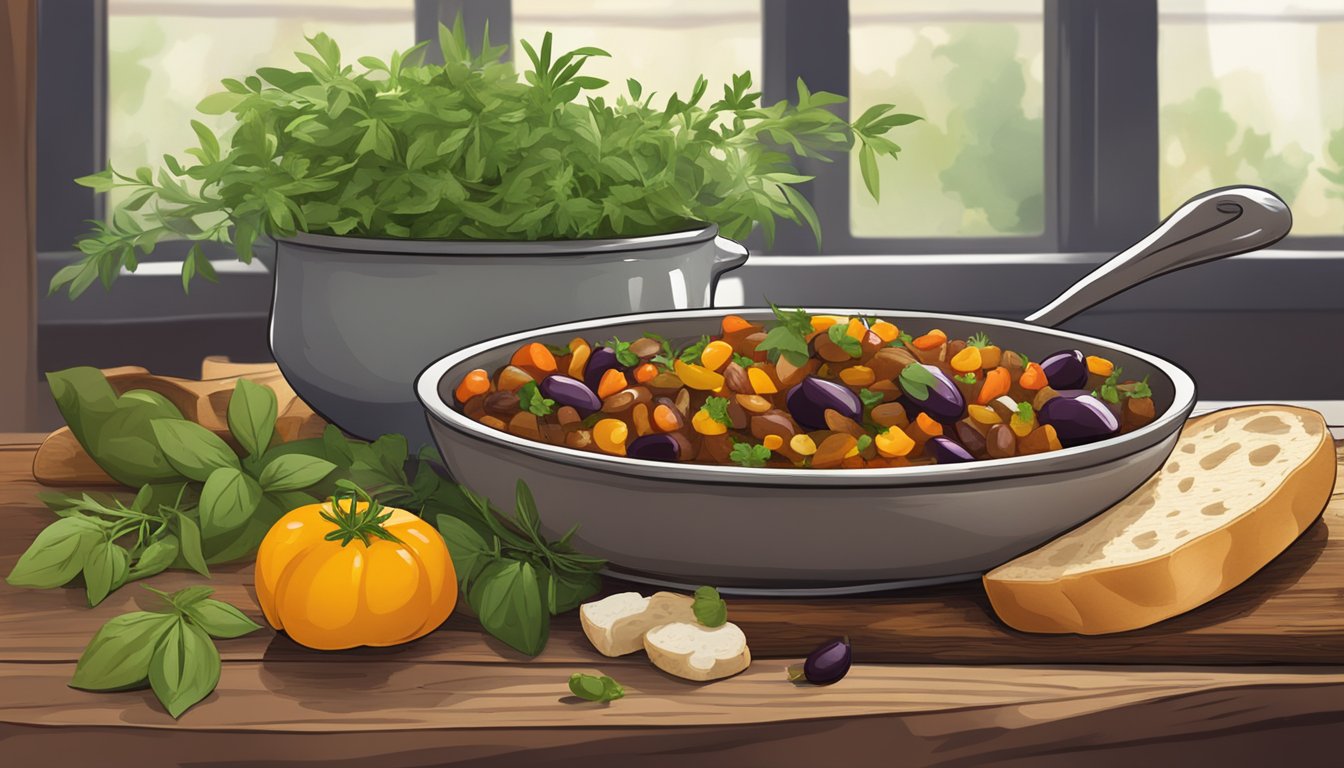 A rustic wooden table with a steaming bowl of caponata, surrounded by vibrant fresh herbs and a crusty loaf of bread