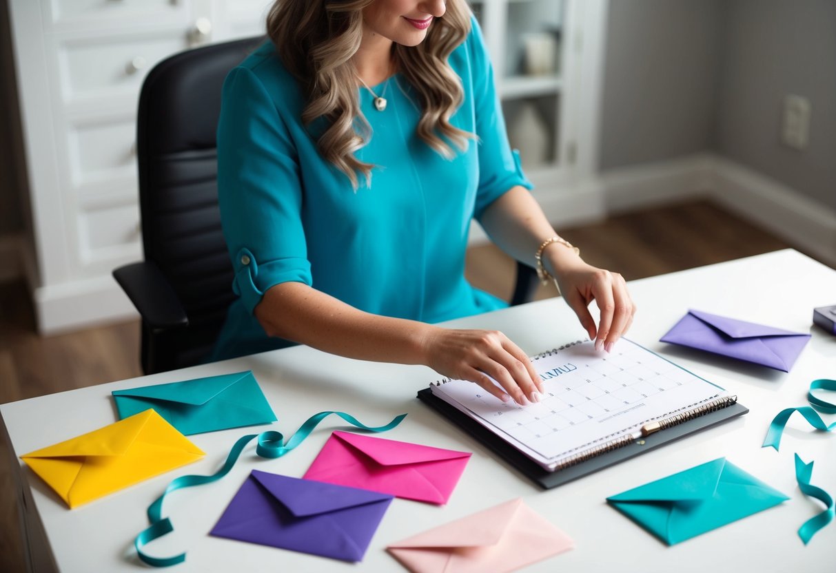 A woman sits at a desk with a calendar, surrounded by colorful envelopes and delicate ribbons. She carefully selects each one, adding a personal touch to her thoughtful bridesmaid proposal