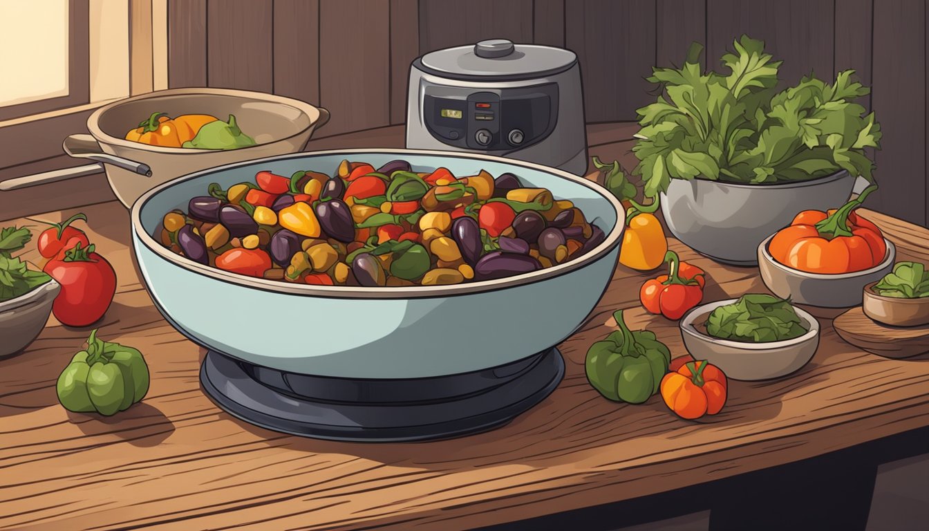 A bowl of caponata sits on a rustic wooden table, surrounded by a variety of heating methods such as a microwave, stovetop, and oven