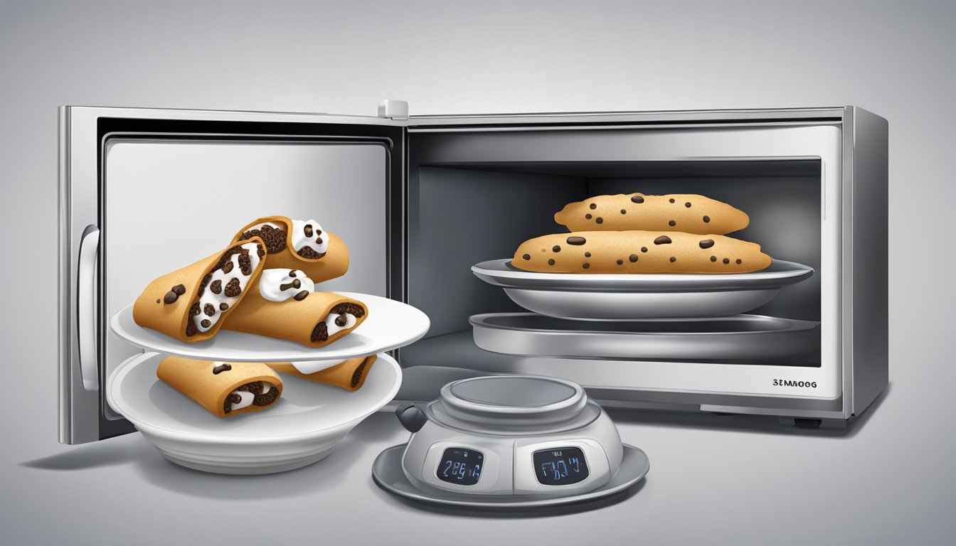 A plate of cannoli sits in the microwave, with the door closed and the timer set