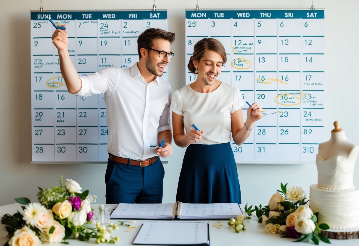A couple standing in front of a calendar, frantically circling dates and making notes. Flowers, cake, and a dress are scattered around them as they hurriedly plan their wedding