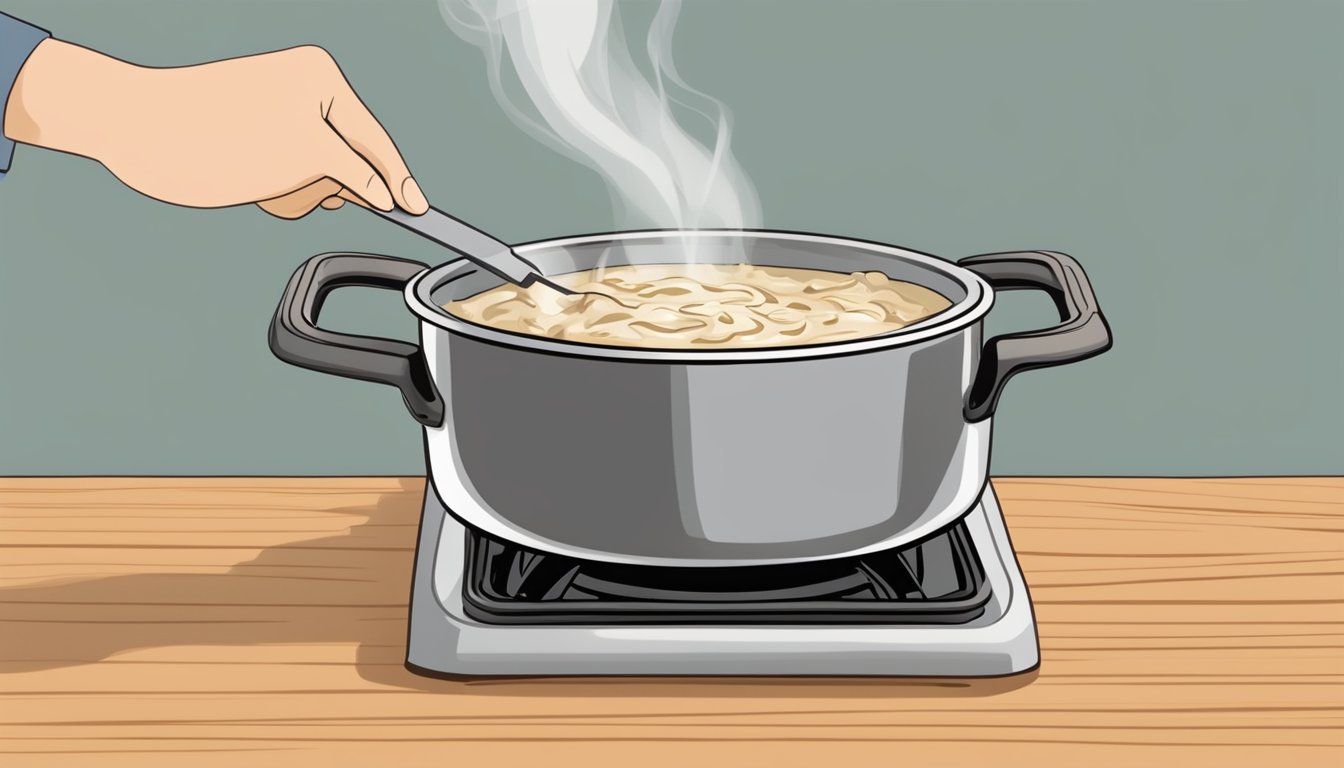 A small bowl of caramelized onion dip is being gently heated in a saucepan over a low flame on a stovetop