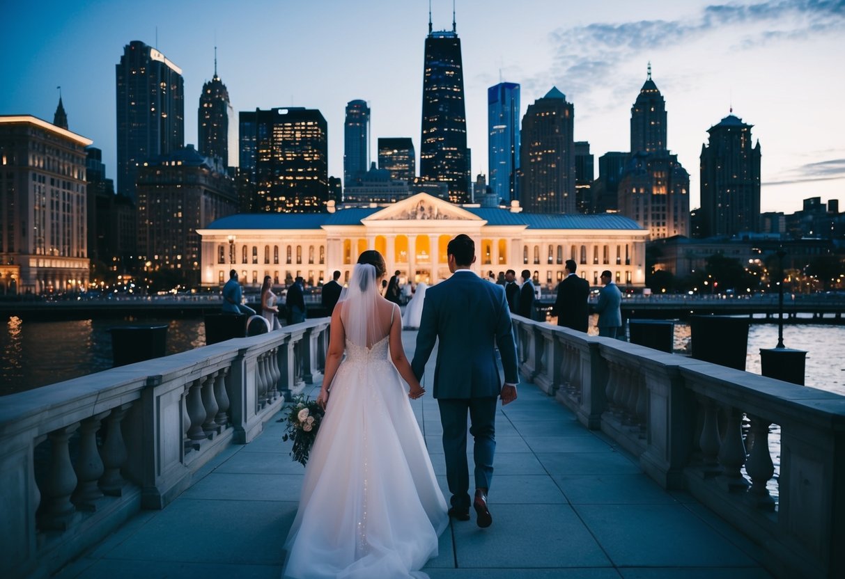 A bustling city skyline at dusk, with a couple walking hand-in-hand towards a grand, illuminated wedding venue. Time is short, but the excitement is palpable