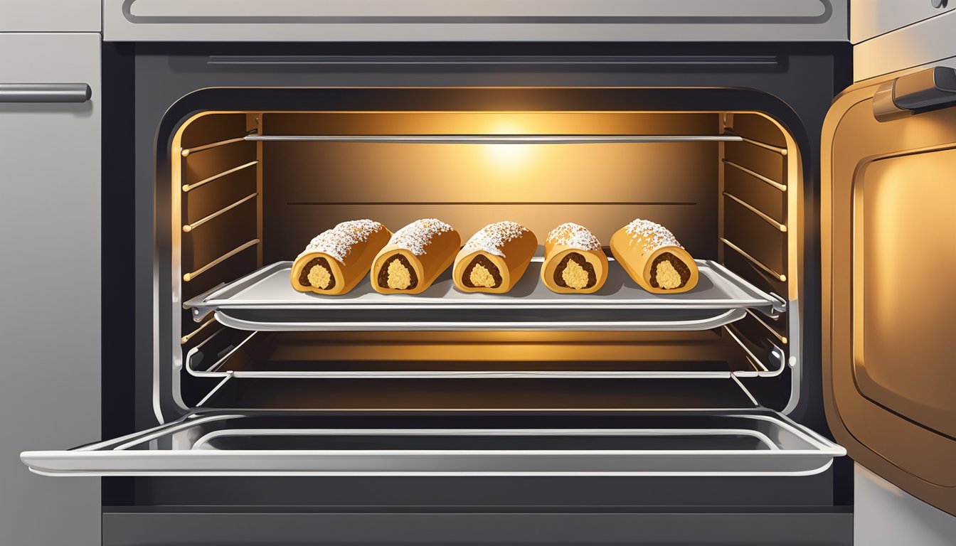 A plate of cannoli sits on a baking sheet in an oven, with the oven door open and the warm glow of the heating elements visible