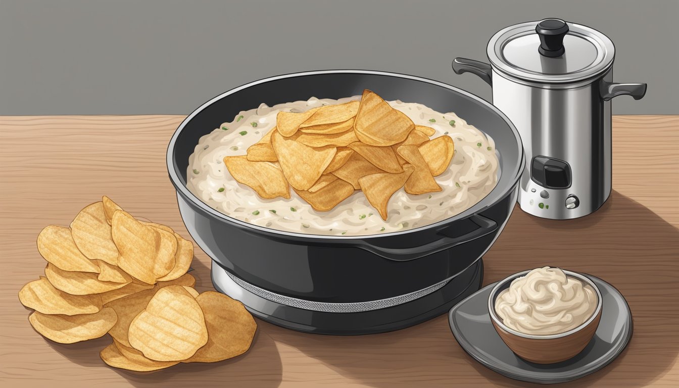 A bowl of caramelized onion dip sits next to a pile of crispy chips, with a small pot of dip warming on a stove