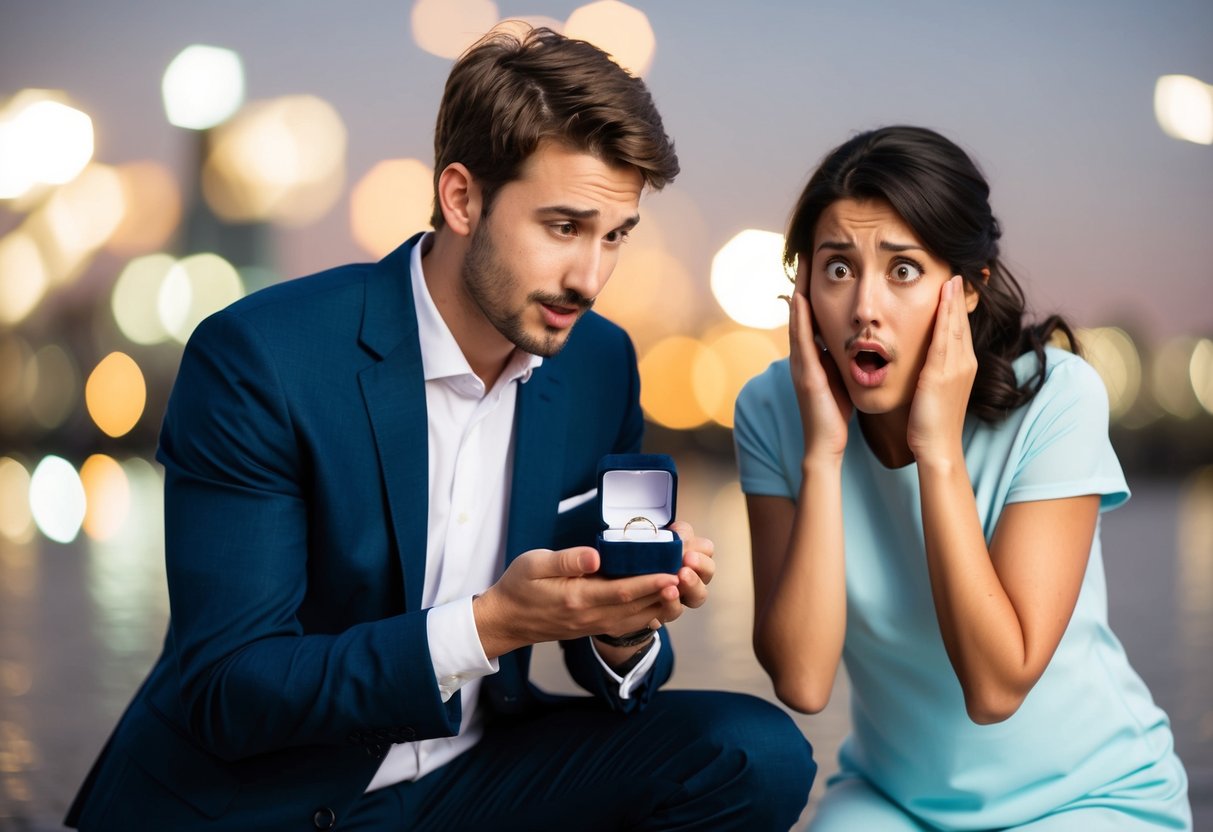 A man kneeling with a ring box, while a woman looks surprised and uncomfortable