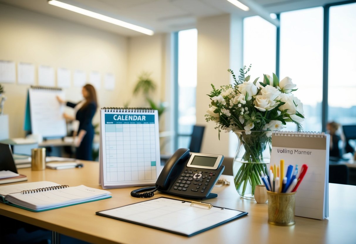 A bustling wedding planner's office with a calendar, phone, and checklist