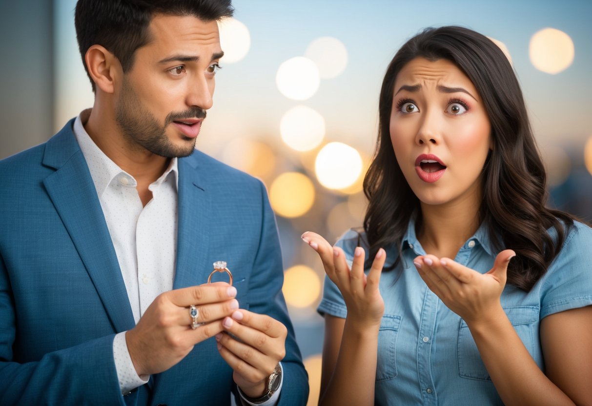 A man holding a ring and a surprised woman with a questioning expression