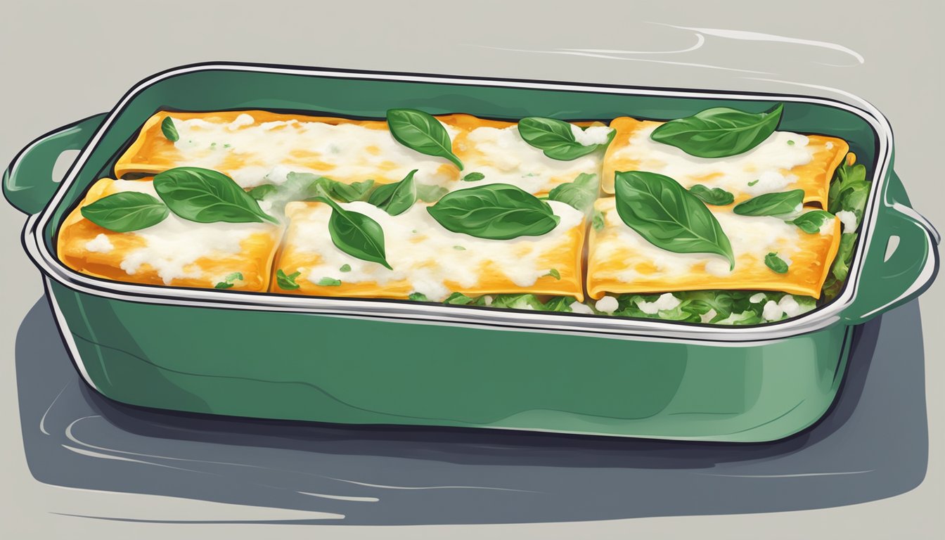 A steaming dish of cannelloni with spinach and ricotta being heated in the oven