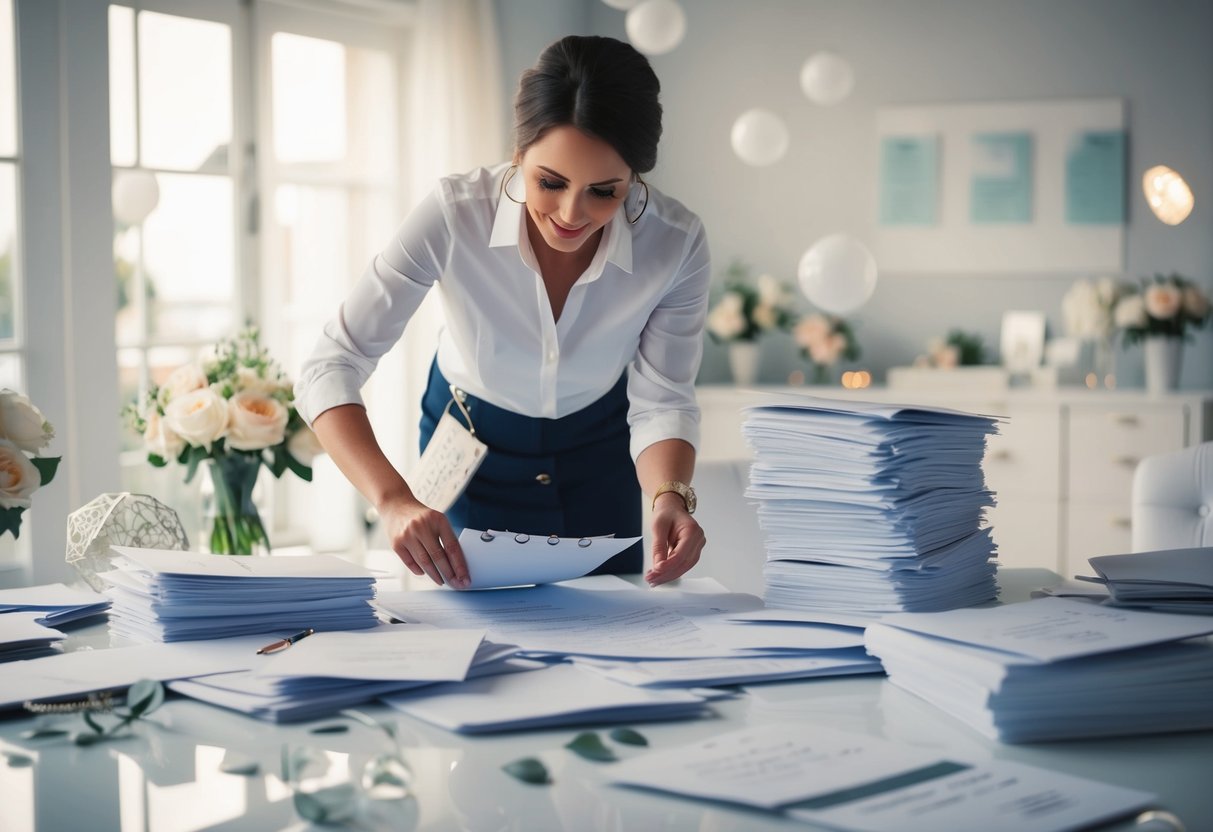 A wedding planner frantically organizes papers and consults a calendar, surrounded by scattered wedding decor and a stack of invitations
