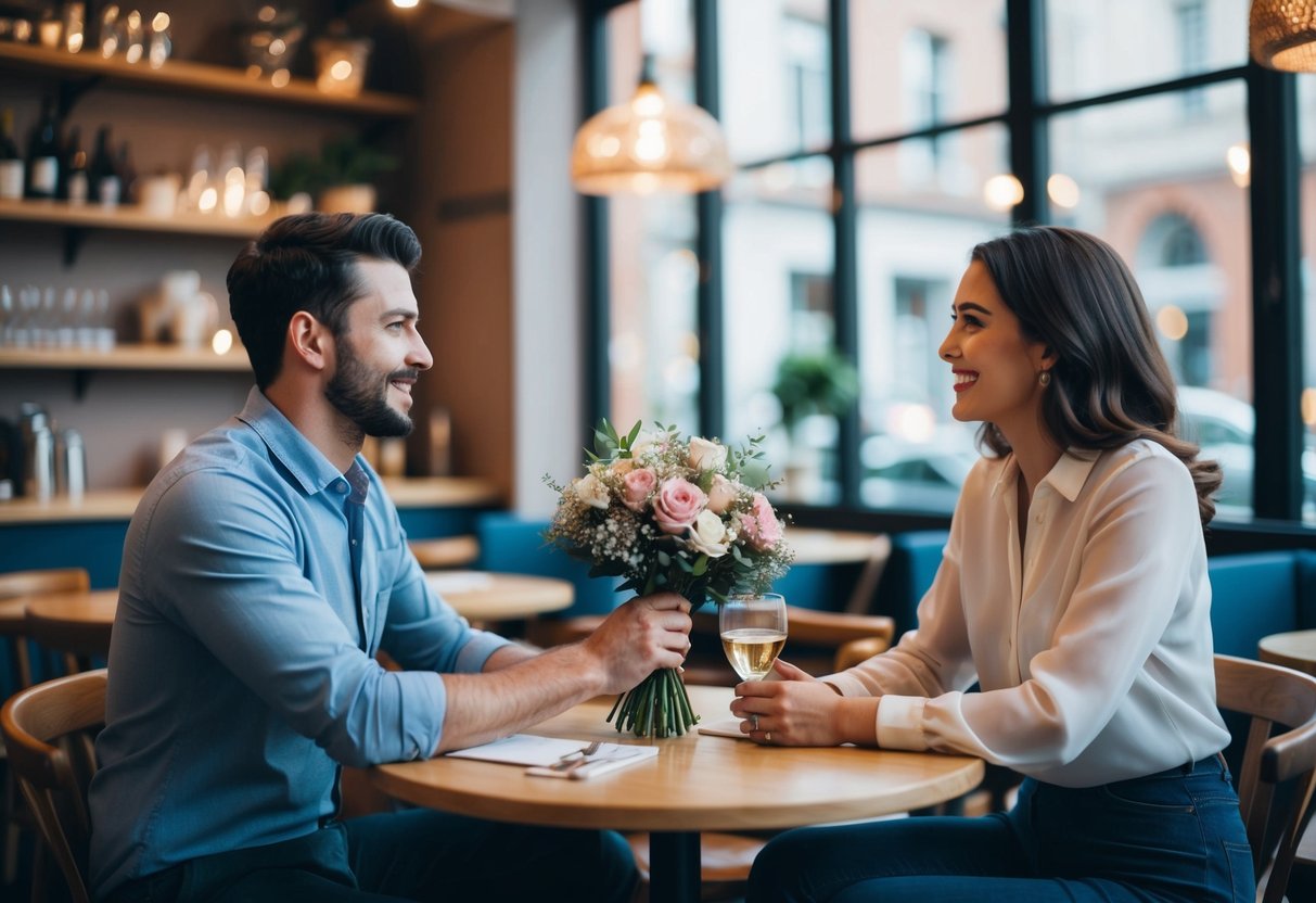 A man holding a bouquet of flowers while sitting across from a woman at a cozy cafe, eagerly discussing marriage