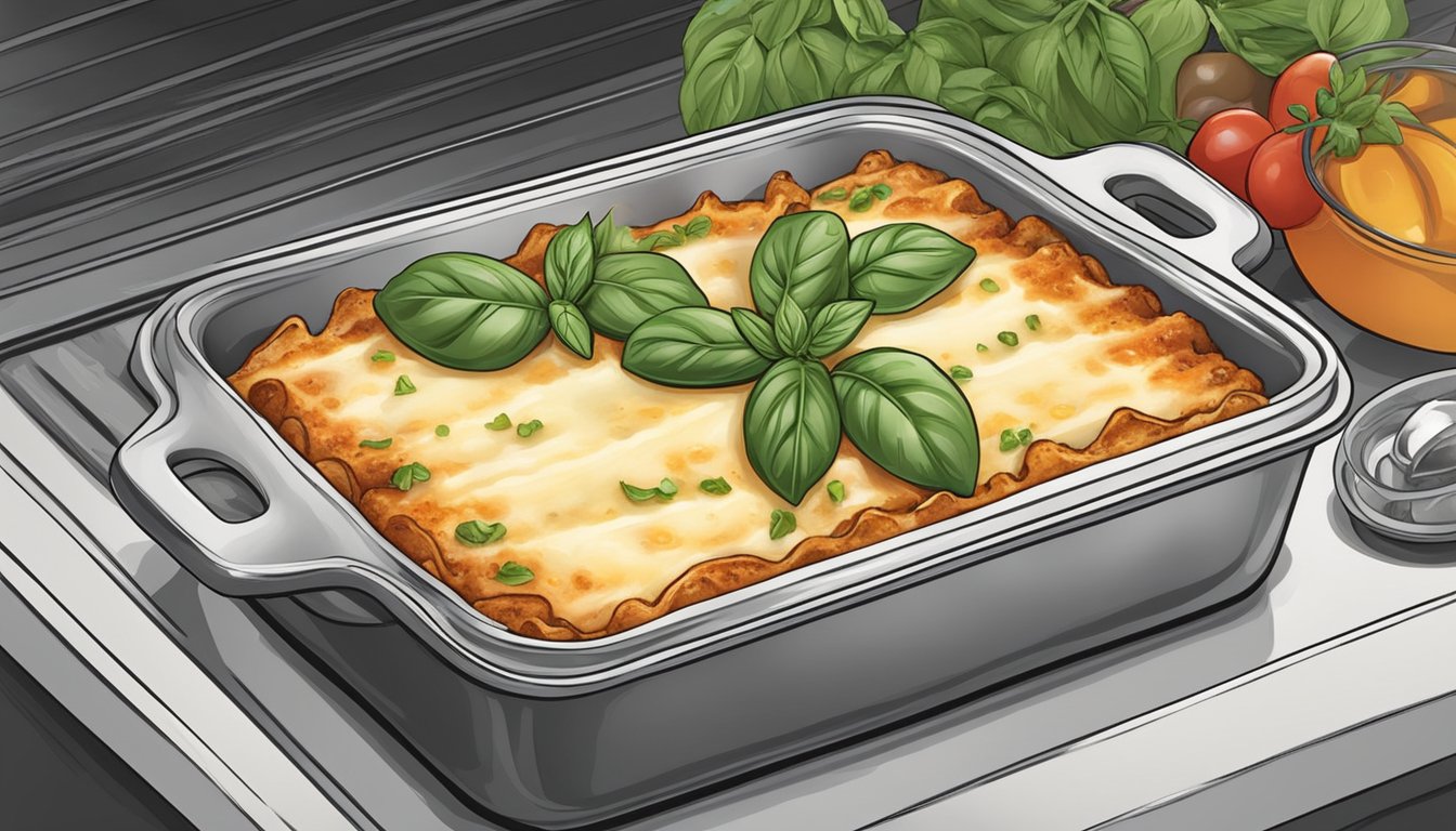 A baking dish of cannelloni sits in the oven, steam rising as it reheats. A garnish of fresh basil and a sprinkle of parmesan cheese await the finished dish