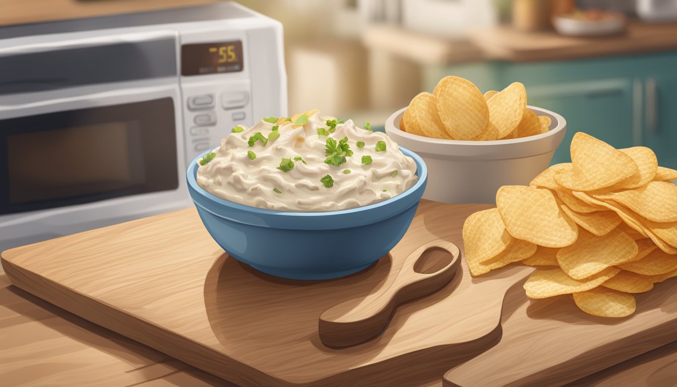 A small bowl of caramelized onion dip sits next to a pile of potato chips on a wooden serving board. A microwave with the open door is in the background