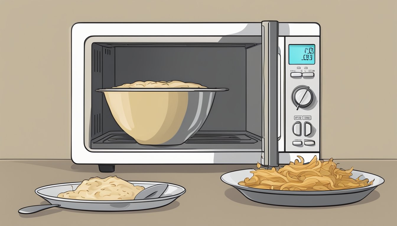 A microwave with a bowl of caramelized onion dip inside, a spoon next to it, and a timer set for reheating