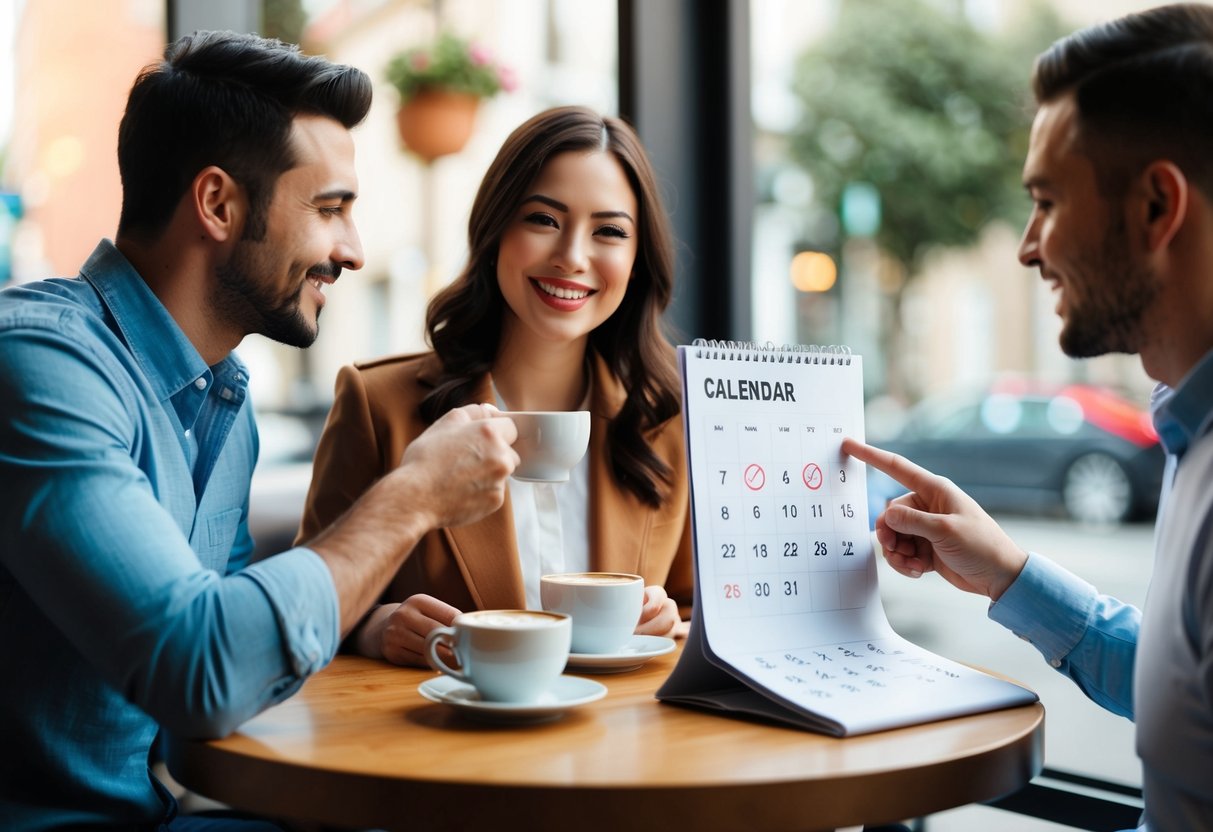 A couple sitting at a cafe table, sipping coffee, and looking at a calendar with important dates circled. The woman is smiling as the man gestures towards the calendar