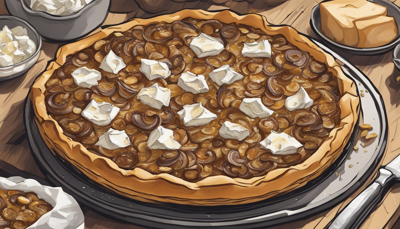 A rustic tart sits on a baking sheet, surrounded by a scattering of caramelized onions and chunks of creamy goat cheese. A fork and knife are placed nearby, ready for reheating