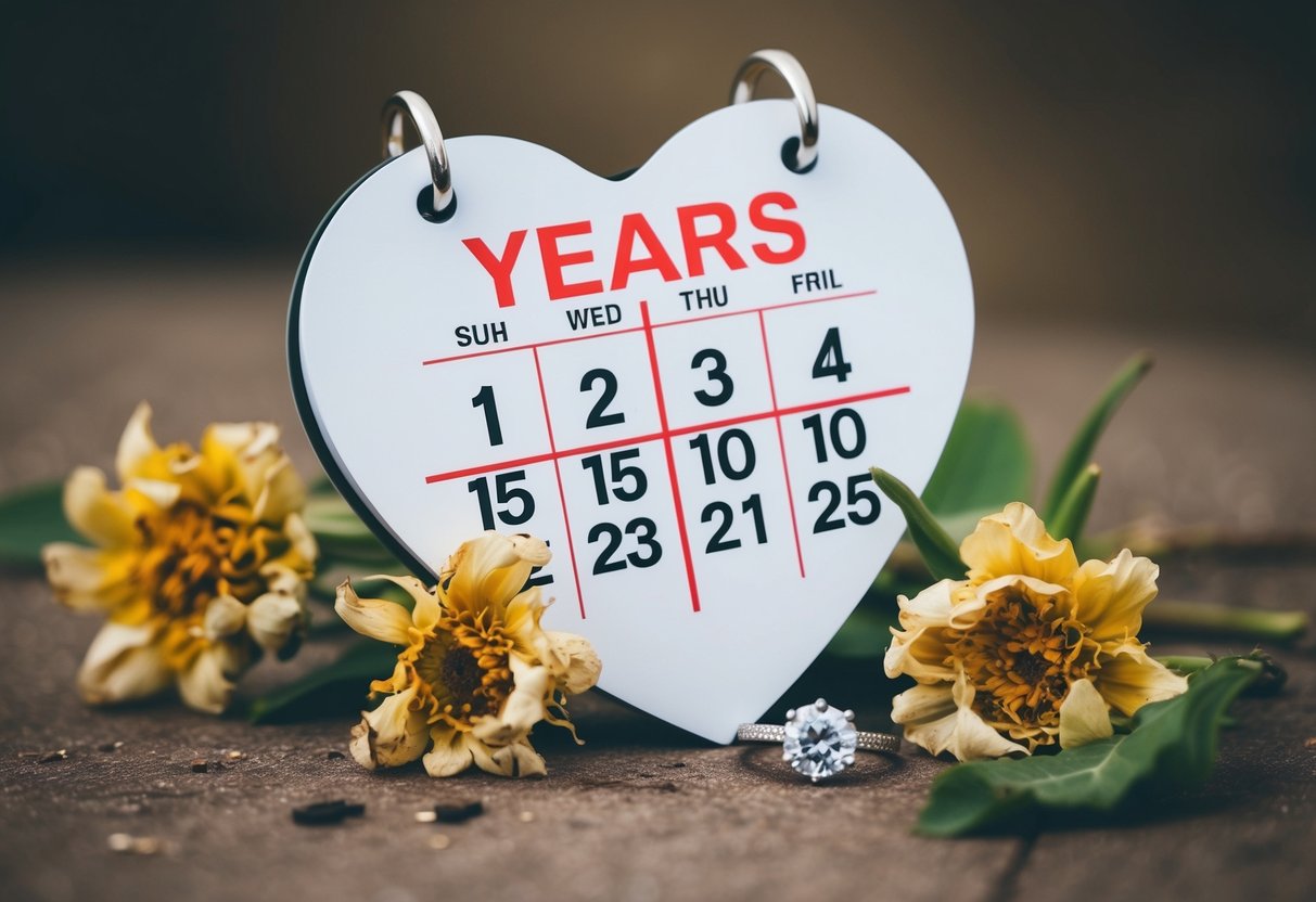 A heart-shaped calendar with five years crossed off, surrounded by wilted flowers and a broken engagement ring