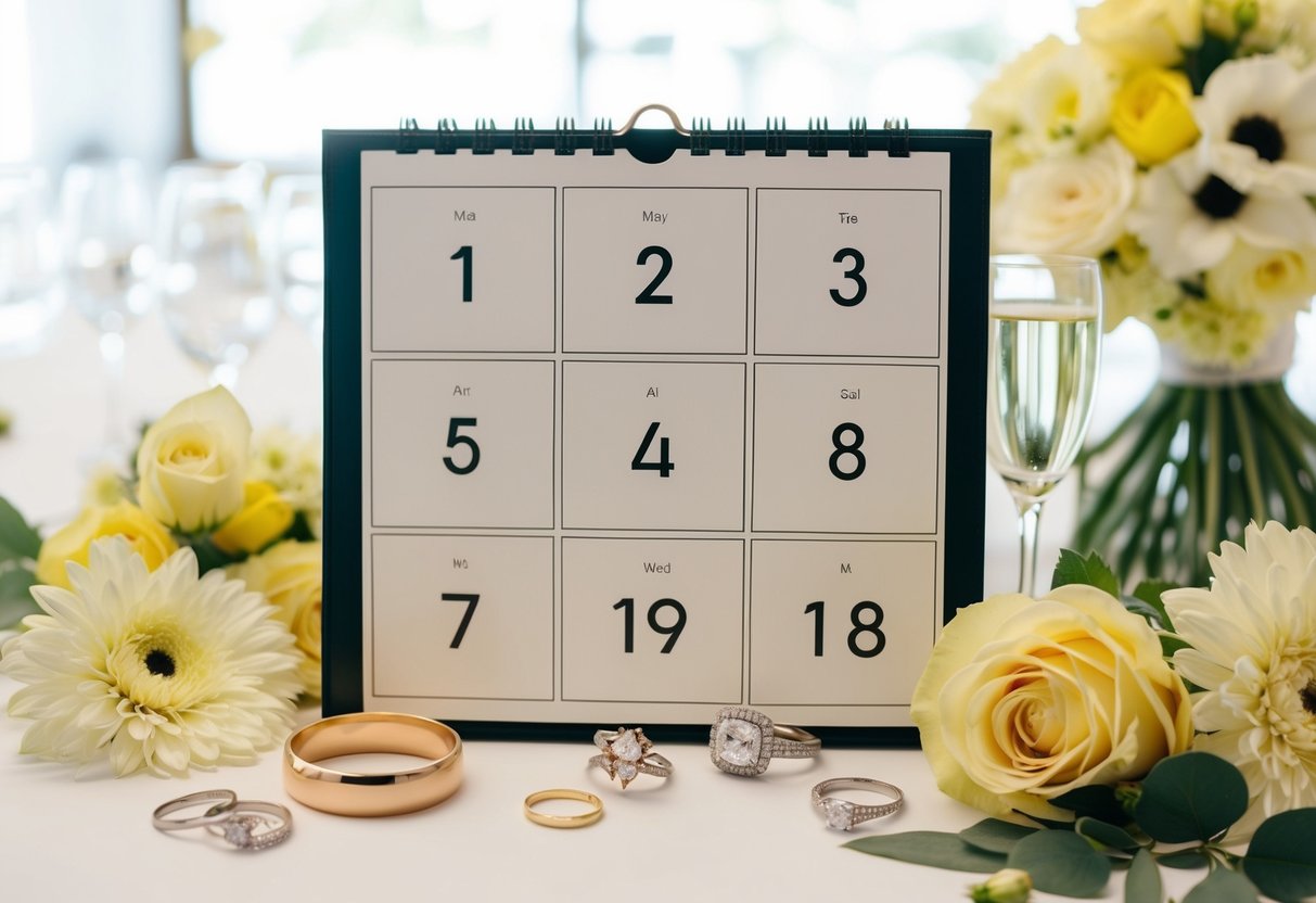 A calendar with 8 months highlighted, surrounded by wedding-related items like flowers, rings, and a venue