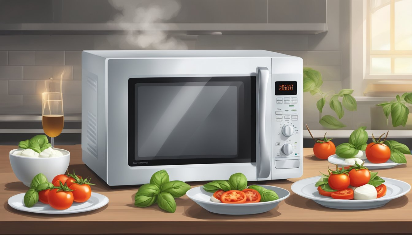 A microwave with caprese skewers on a plate, steam rising from the food