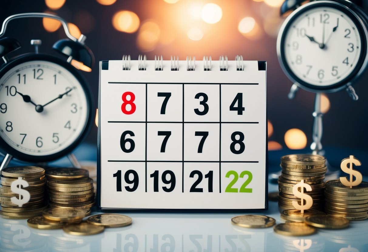 A calendar with 8 months marked off, surrounded by clocks and money symbols