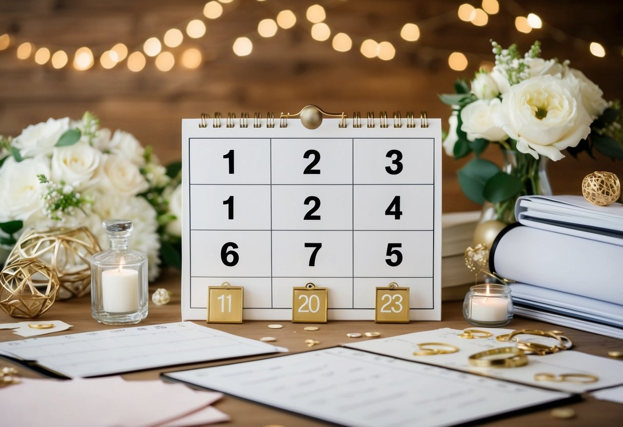 A calendar with five years marked, surrounded by wedding planning materials and decorations
