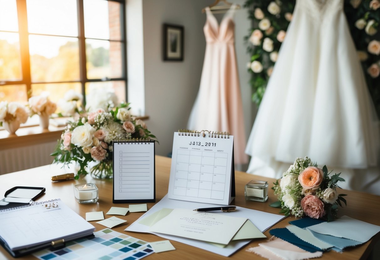 A cluttered desk with a calendar, wedding invitations, and a to-do list. A bride's dress hangs in the background, surrounded by scattered fabric swatches and floral arrangements