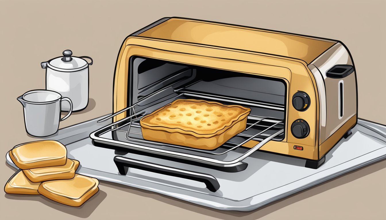 A toaster oven with a golden-brown tart on a baking sheet. An oven mitt nearby for safety