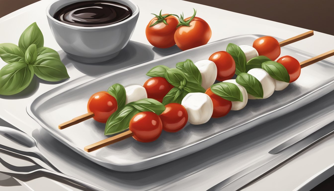 A wooden cutting board with a row of caprese skewers, a small bowl of balsamic glaze, and a sprig of fresh basil on a clean white plate