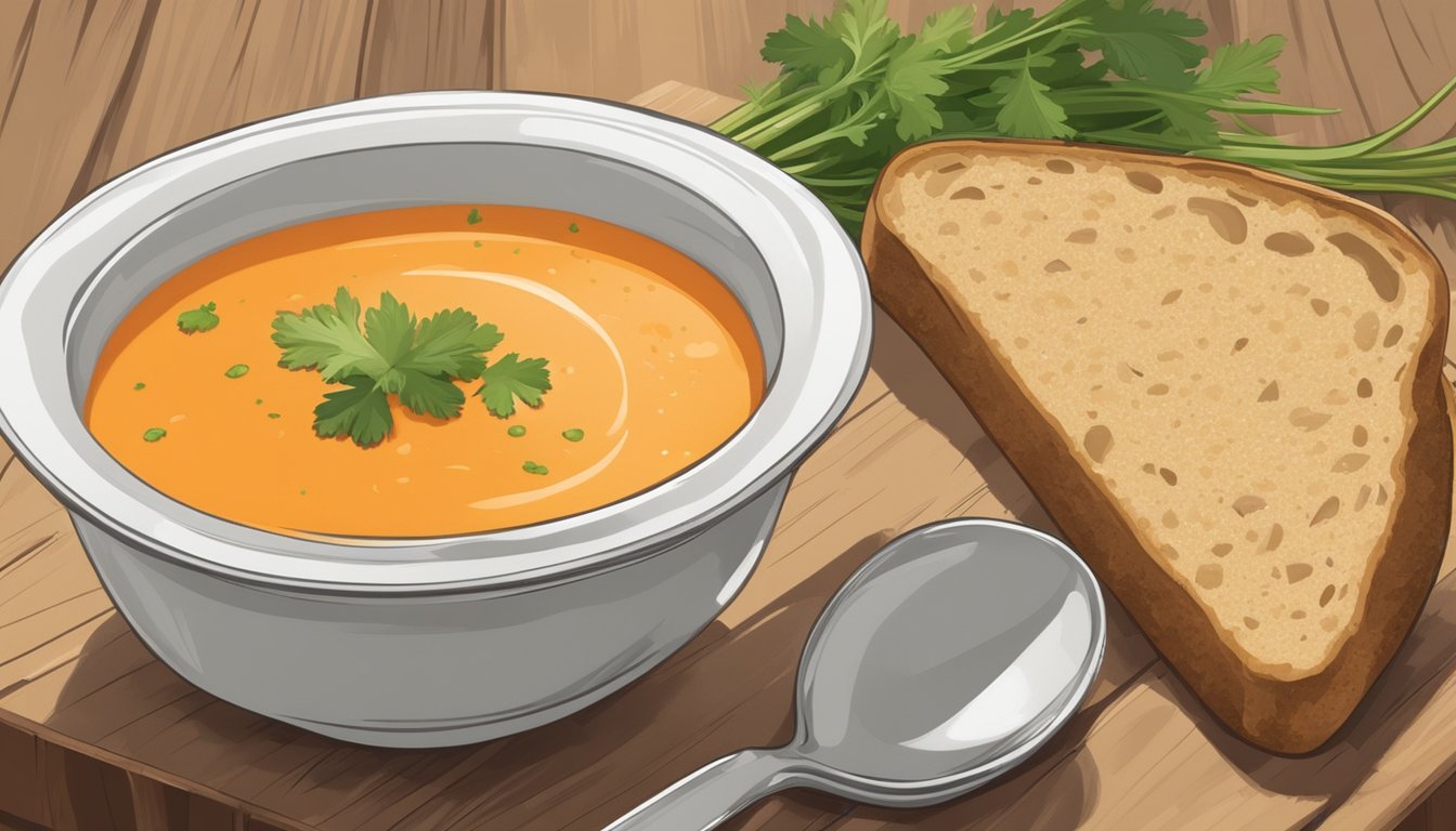 A steaming bowl of carrot and ginger soup sits on a wooden table, accompanied by a slice of crusty bread and a sprig of fresh cilantro