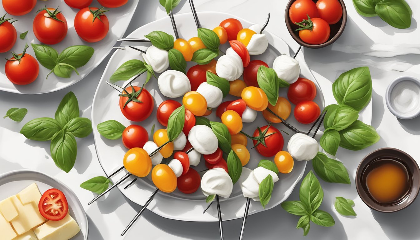 Fresh caprese skewers arranged on a white serving platter, with vibrant red tomatoes, green basil leaves, and creamy mozzarella, next to a small bowl of balsamic glaze