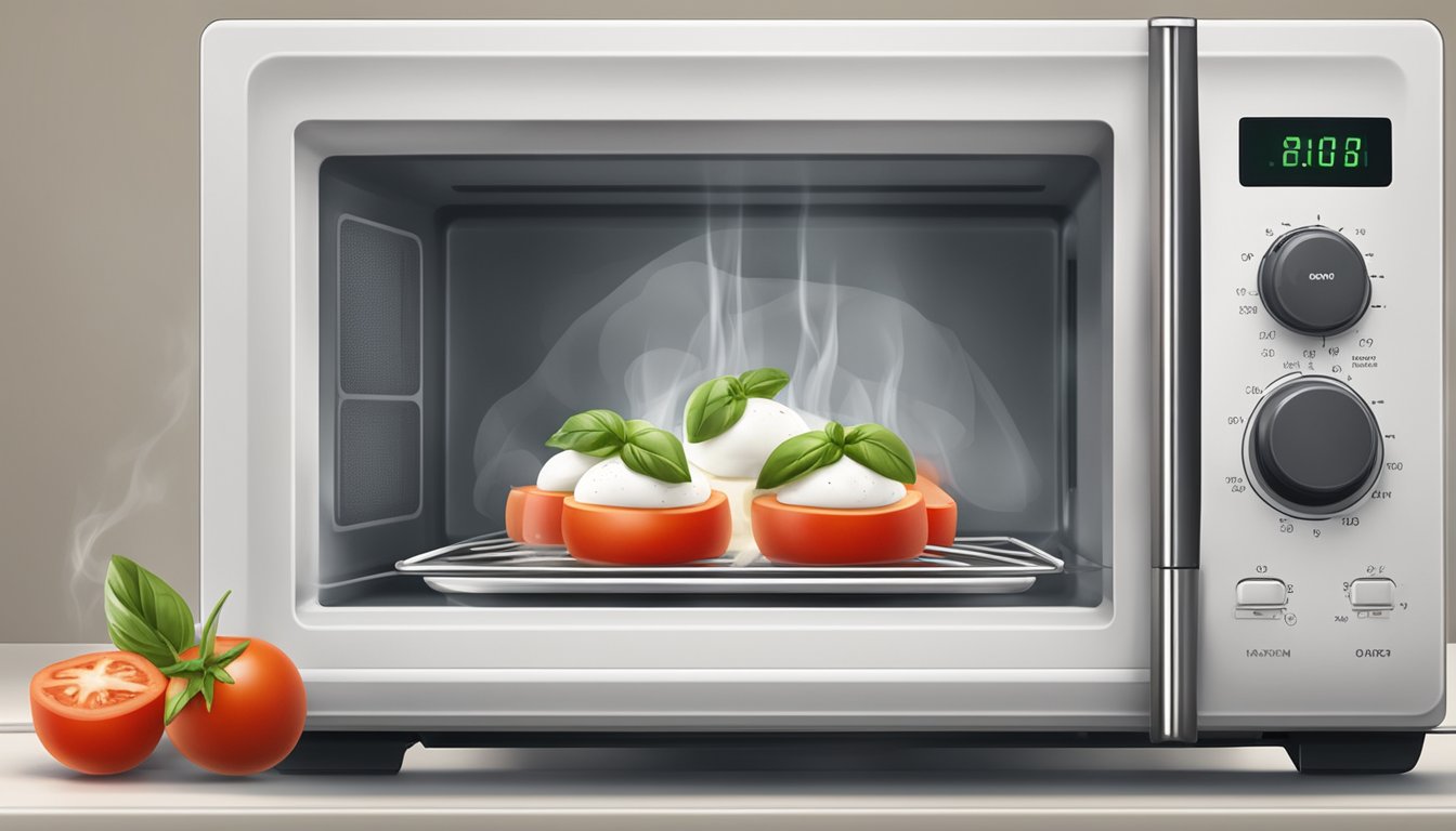 A microwave with a plate of caprese skewers inside, steam rising from the hot food