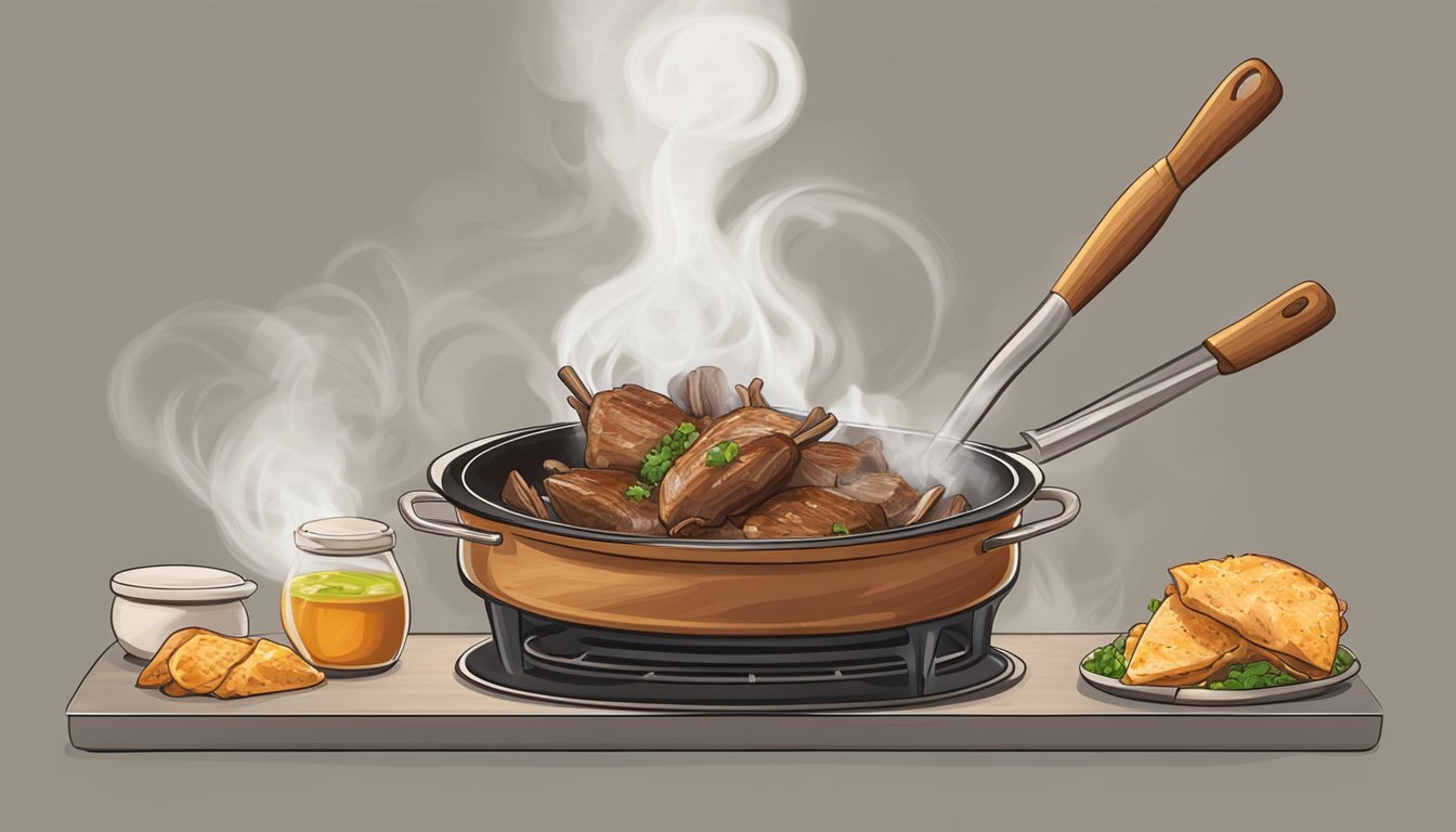 A steaming pot of carnitas on a stove, with a wooden spoon stirring the meat as it sizzles and releases its savory aroma