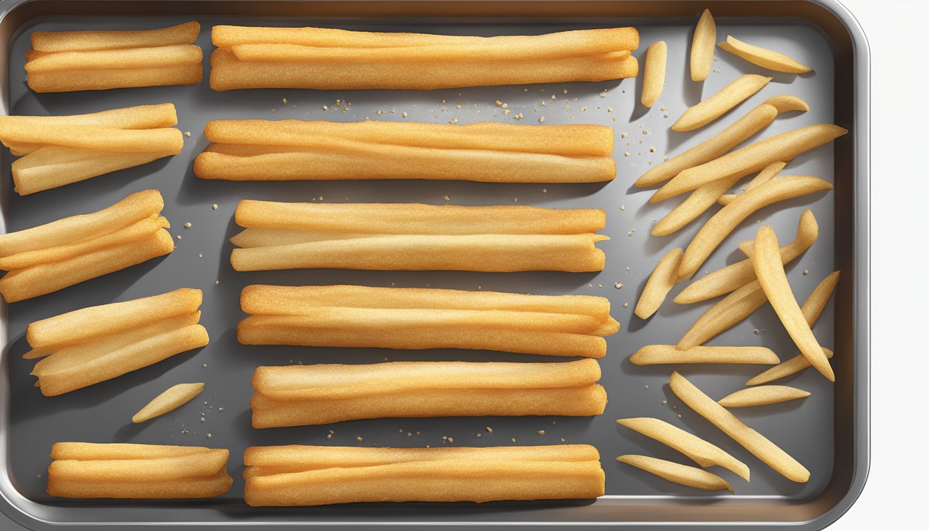 Cassava fries arranged on a baking sheet, being reheated in the oven