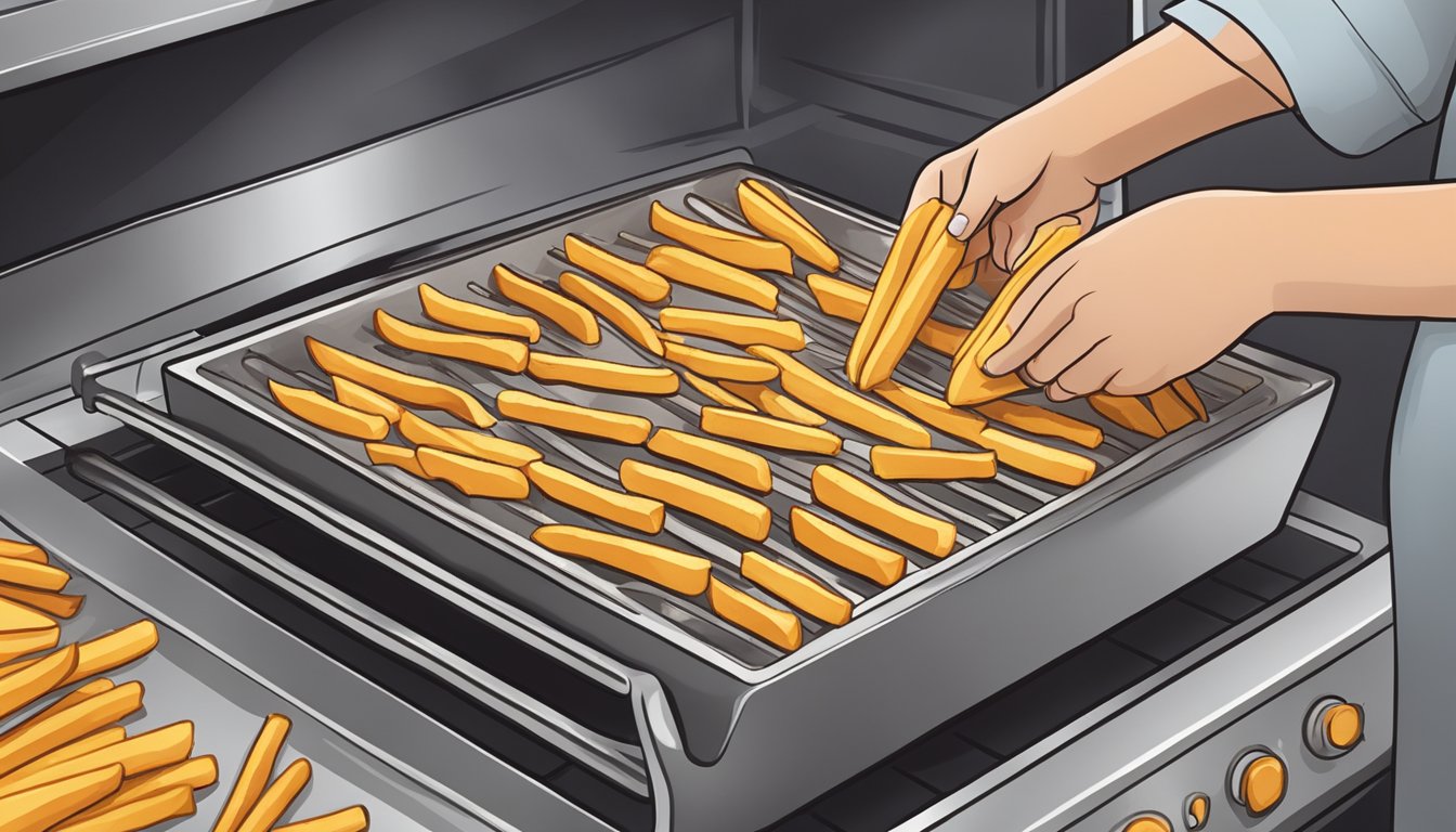 A plate of cassava fries being placed in the oven on a baking sheet