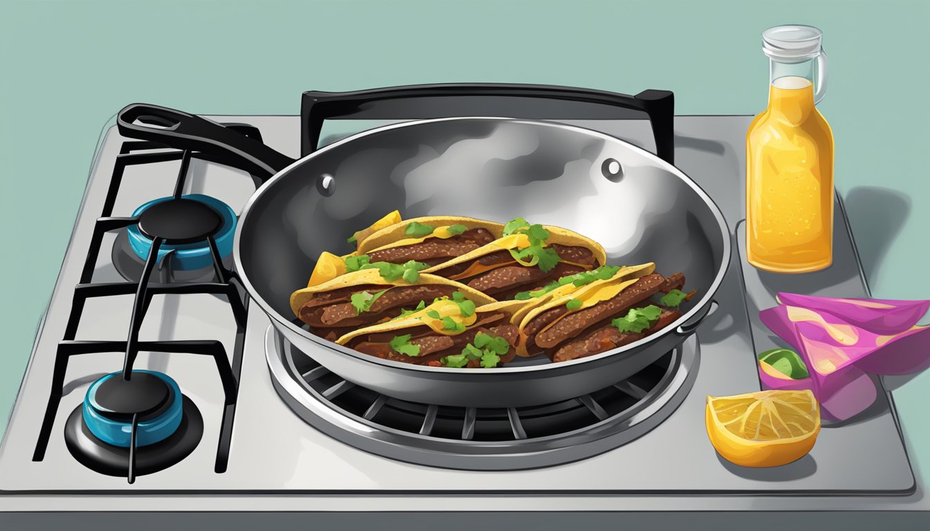 A sizzling skillet of carne asada tacos being reheated on a stovetop