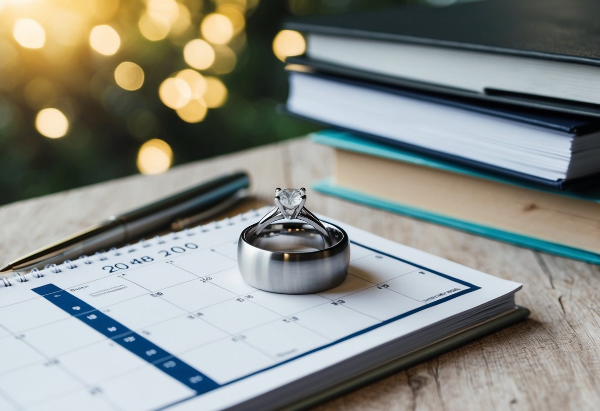 A couple's engagement ring resting on a calendar, with a date circled and wedding planning books scattered around