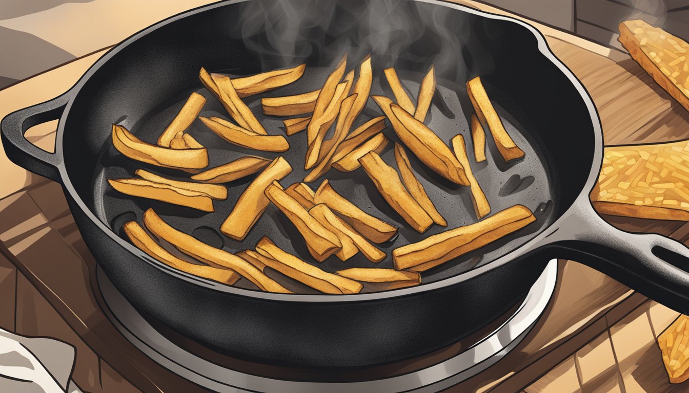 A cast iron skillet on a gas stove with cassava fries sizzling and browning in hot oil