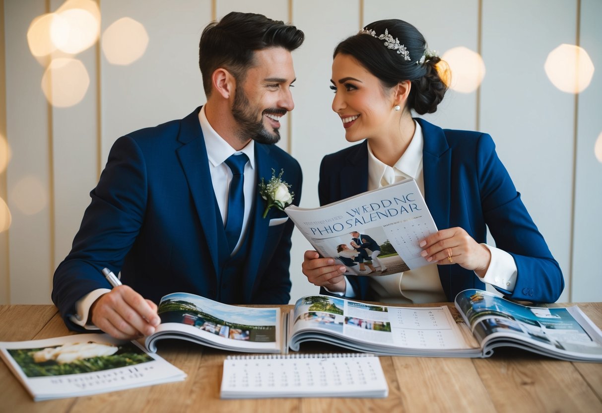 A couple sits at a table, surrounded by wedding magazines and a calendar. They are discussing and planning their upcoming wedding, with a look of excitement and anticipation on their faces